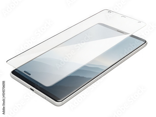 Smartphone screen protector installation, clear glass shield on modern device, landscape background