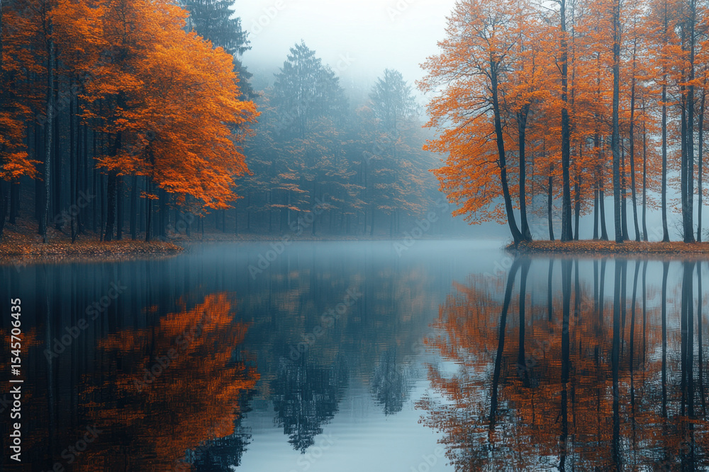 Lake reflecting autumn trees with orange leaves. Lake reflecting autumn trees with orange leaves.
