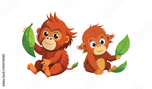 Two adorable baby orangutans with green leaves