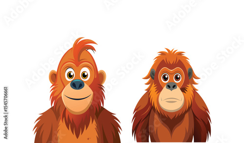 Two cartoon orangutans happy and serious expressions