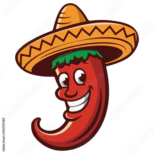 Mexican Chili Green Hot Pepper Vector Character Illustration with hat on white background.