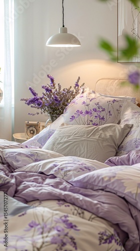 Cozy bedroom with lavender accents, floral bedding, and soft natural lighting.