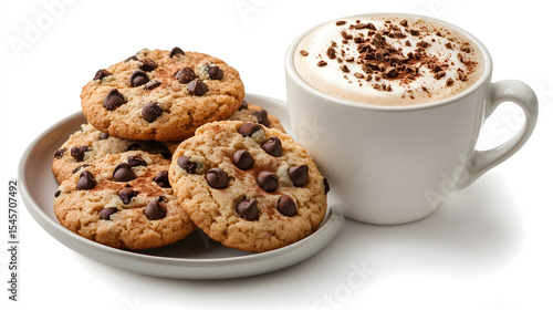 Delicious cookies with chocolate chips served on plate alongside creamy cup of coffee topped with cocoa powder, creating cozy treat