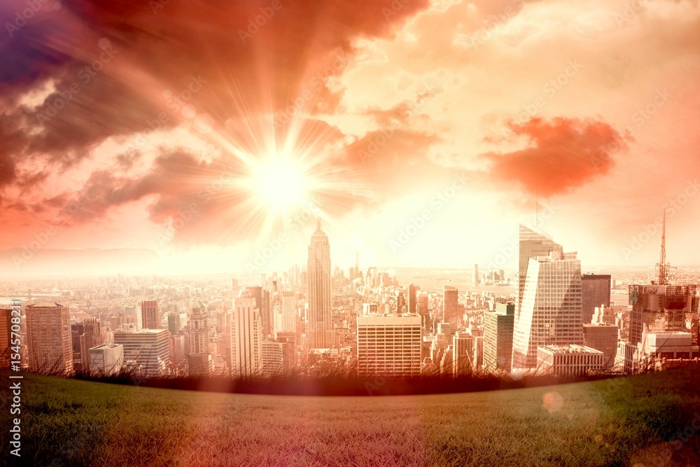 Obraz premium flat illustration is showing green hill overlooking urban skyline with central tower under sun rays