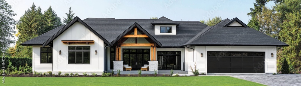 Modern Farmhouse with Black Roof and Garage Door, Home Exterior Design, Architectural Style House design, home improvement Modern Farmhouse with Black Roof and Garage Door, Home Exterior Design, Architectural Style House design, home improvement