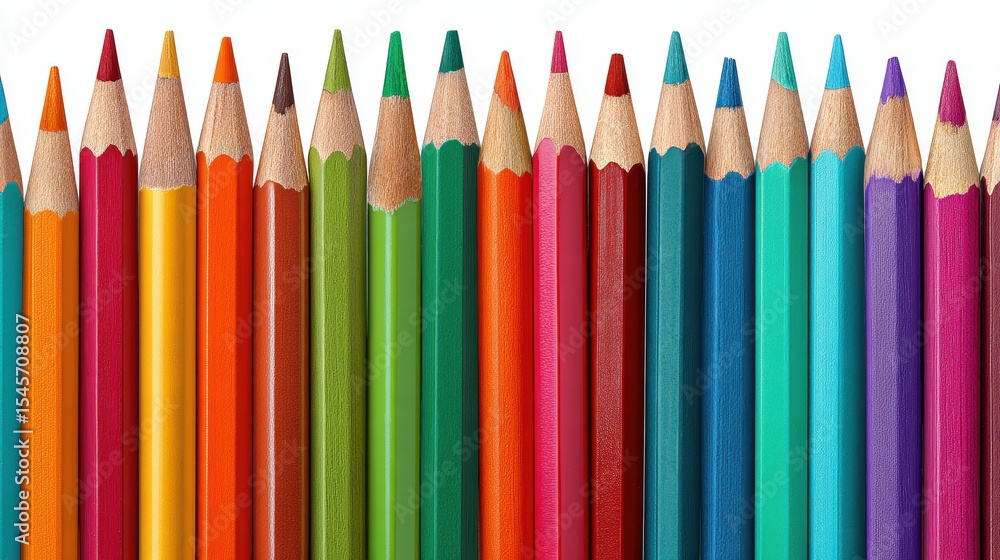 Fototapeta premium Assorted Vibrant Colored Pencils Arranged in a Row Ideal for Artistic and Educational Purposes