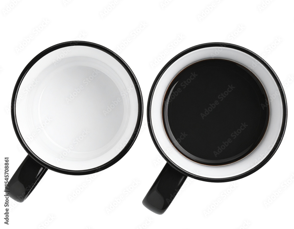 Top View of White and Black Mug Pair with Empty Interior, Transparent Background Top View of White and Black Mug Pair with Empty Interior, Transparent Background