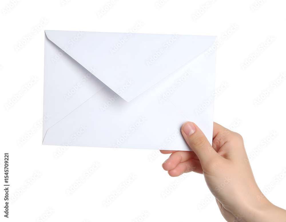 Fototapeta premium Hand holding a white envelope. Transparent background