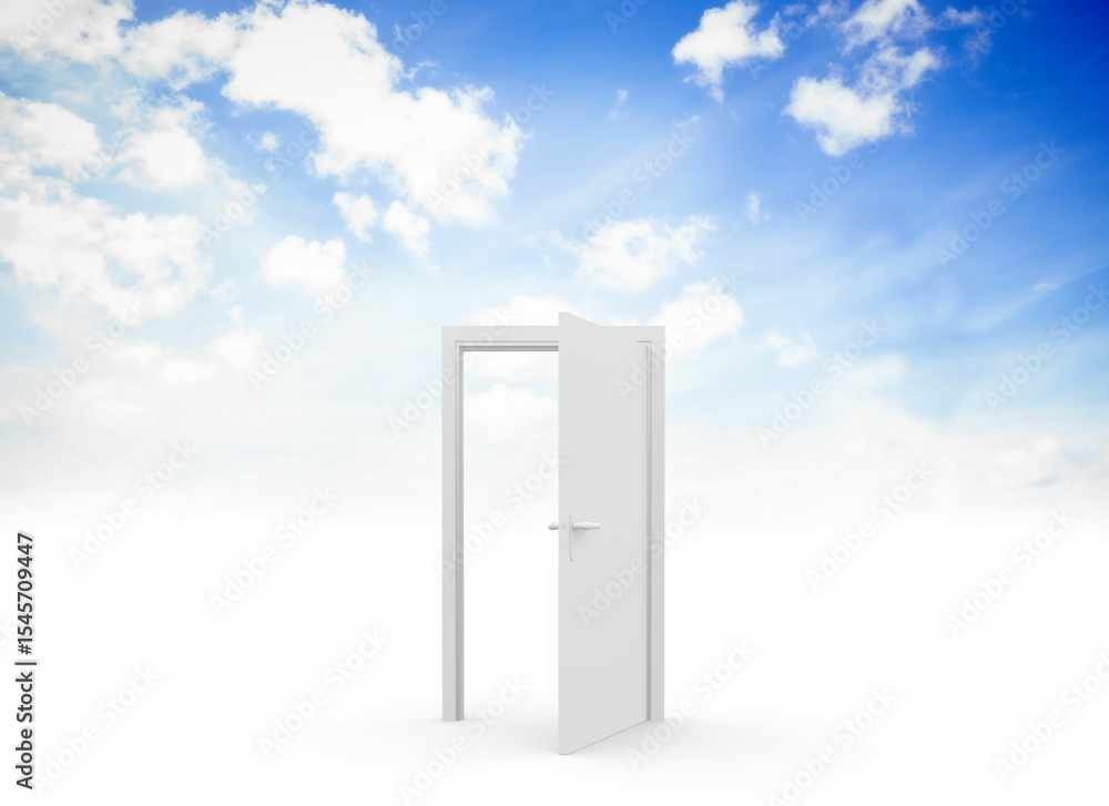 Fototapeta premium White door frame is opening onto bright blue sky in flat design, merging ground with clouds