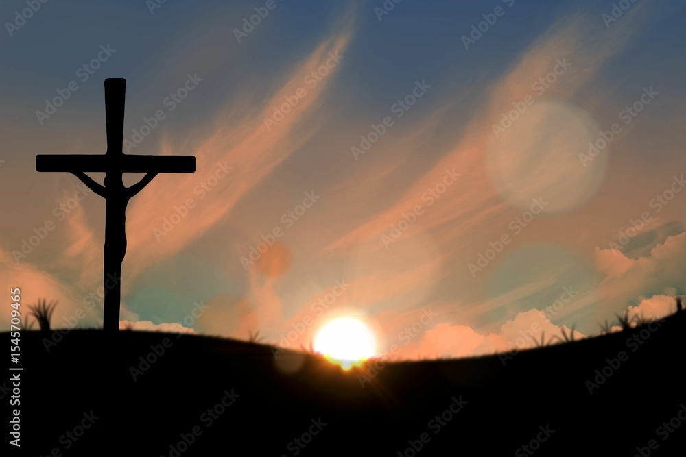 Obraz premium Cross religion symbol shape over sunset sky