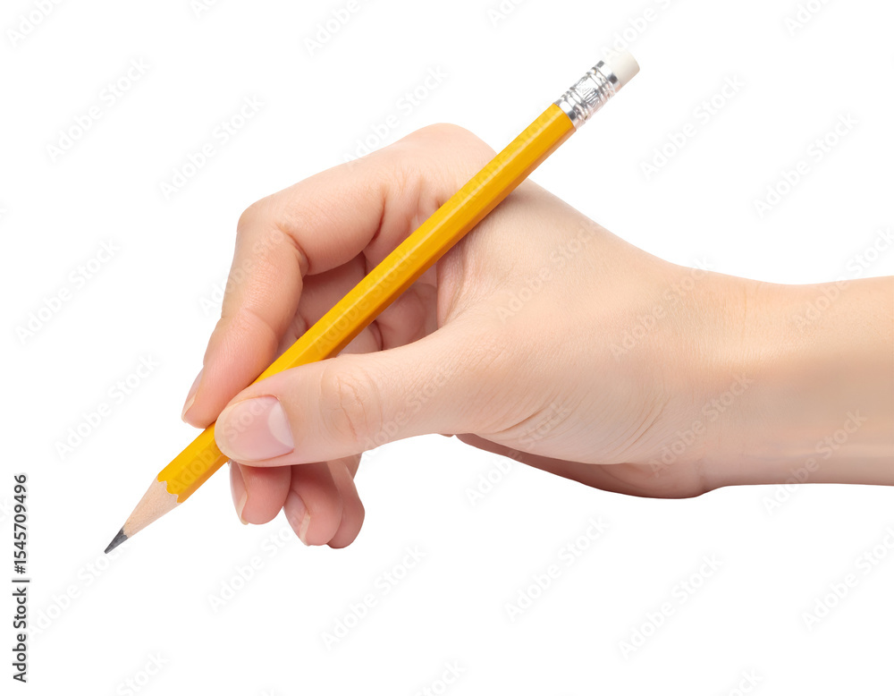 Hand holding yellow pencil ready to write or draw. Transparent background Hand holding yellow pencil ready to write or draw. Transparent background