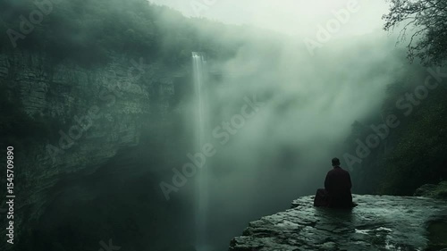 A meditative figure sits atop a cliff overlooking a misty waterfall