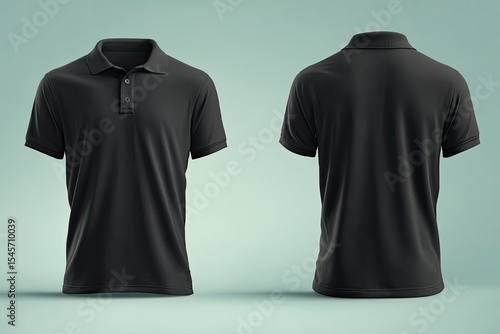 Front and back view of a plain black short-sleeved polo shirt on a light-green background