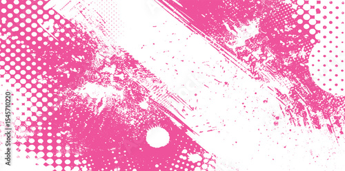 With pink paint splatters and scratched elements against a white background  abstract expressionism painting illustration