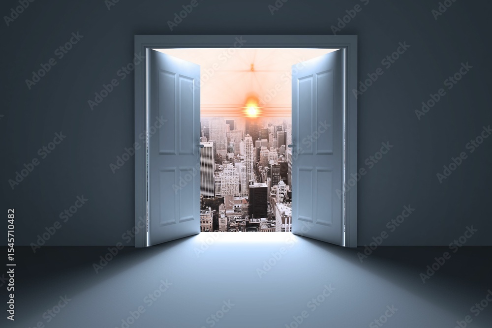 Obraz premium Cityscape seen from open door with orange lens flare