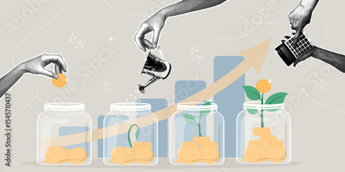 Trendy collage of halftone images. Investments for growth. A visual metaphor for financial success. The concept of money growth, profit, a growing tree of financial savings, financial investments
