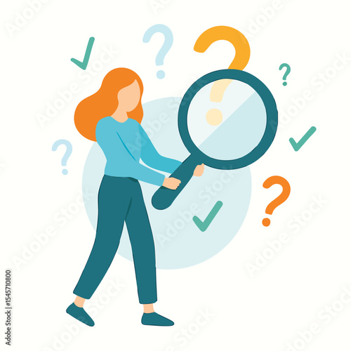 Cute Flat Style Woman with Magnifying Glass and Question Mark Illustration