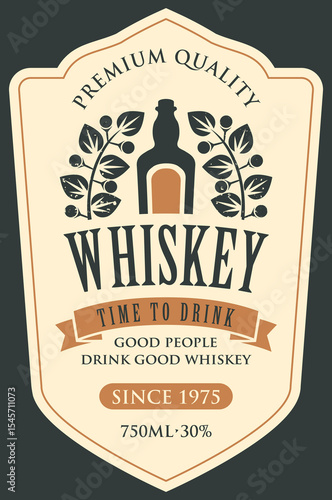 Vector banner, logo or label for whiskey with bottle and frame on old paper background. Heraldic coat of arms in vintage style with lily. No AI used