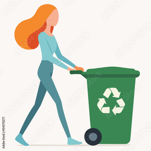 Flat Illustration of a Woman Pushing a Green Wheelie Bin with Recycle Symbol