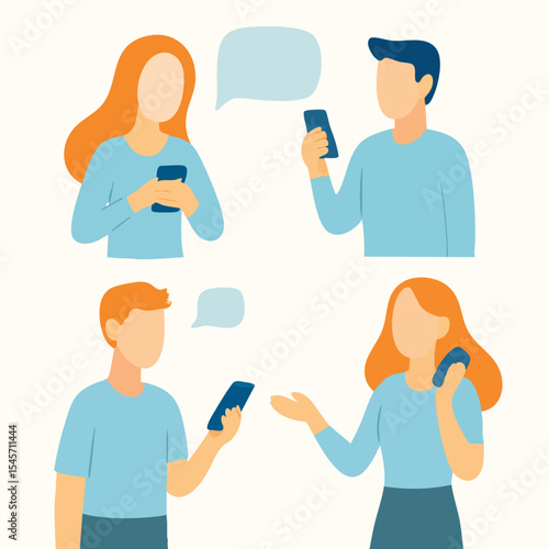 Flat Style Illustration of People Communicating with Phone and Speech Bubble