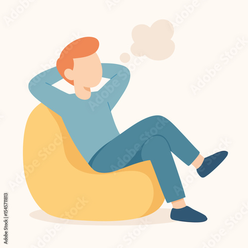 Flat Design Relaxed Man Sitting on Beanbag with Thought Bubble Illustration