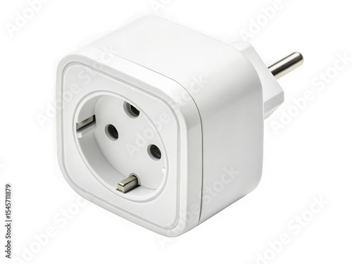 White European power adapter plug, three-prong, square design, isolated on black background