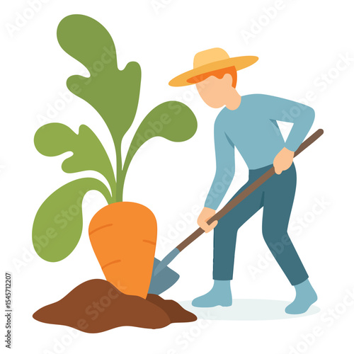 Flat Style Gardener Digging Soil with Giant Carrot Agriculture Illustration