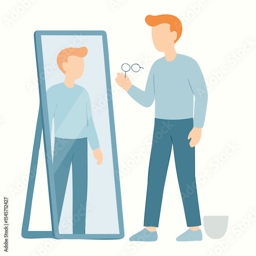 Flat Illustration Man Looking in Mirror with Eyeglasses Lifestyle