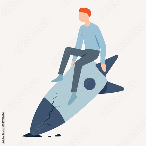 Flat Style Man Sitting on a Cracked Rocket Ship Illustration