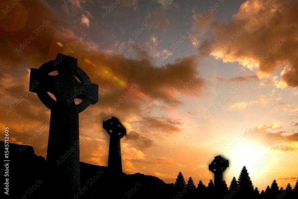 Obraz premium Celtic cross religion symbol shape over sunset sky