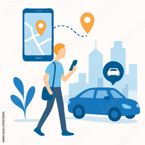 Flat Illustration Man using Ride Sharing Application on Mobile Device