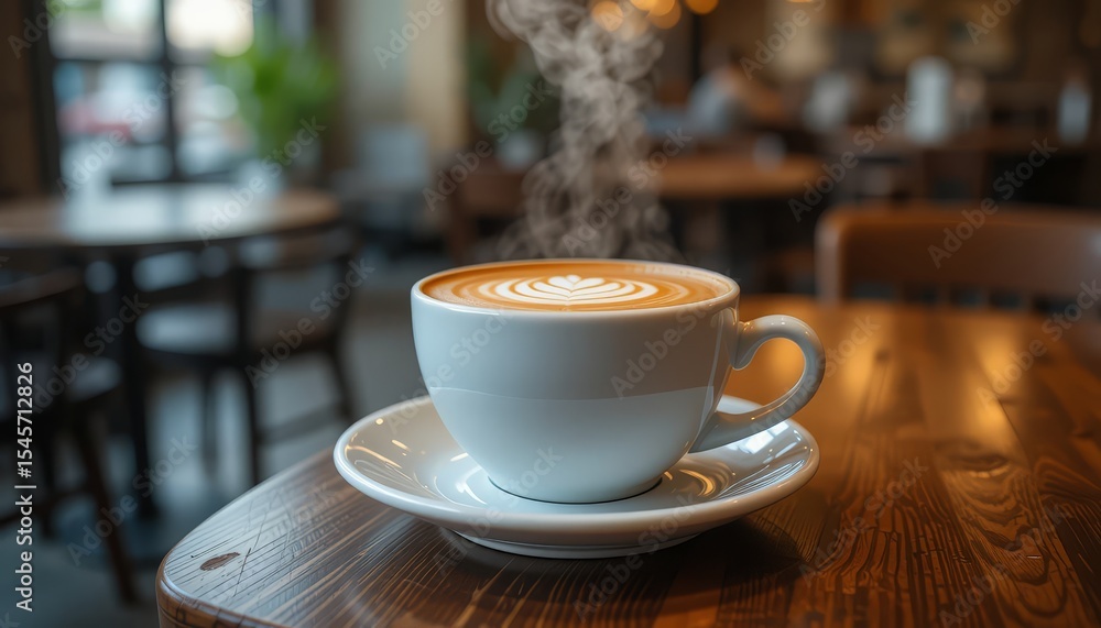Aromatic Latte Art Steam Rises from Coffee Cup in Cozy Cafe Setting Aromatic Latte Art Steam Rises from Coffee Cup in Cozy Cafe Setting