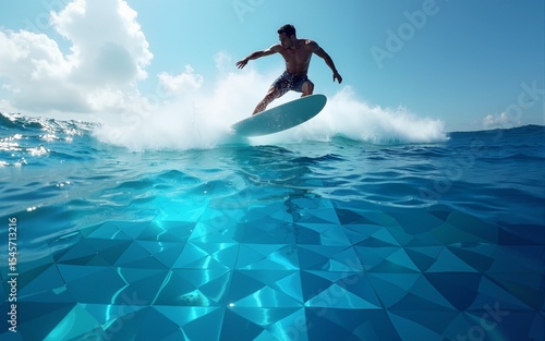 Fearless man surfing on an artificial ocean made of blue geometrical patterns: epic metaphor for human in control of technology. High quality