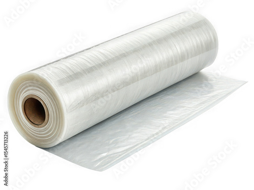 Roll of clear plastic stretch film packaging wrap, unrolled, studio shot