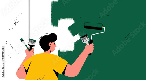 Man Painting Wall Green with Roller – DIY Home Renovation Vector Illustration