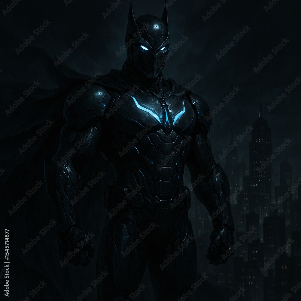 Fototapeta premium Futuristic Superhero in Majestic Full-Body Armor Against Night Cityscape