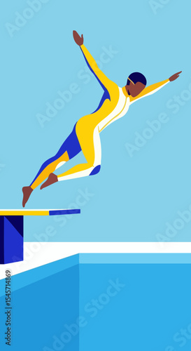 Flat Vector Illustration of a Diver Jumping Off a Platform into a Swimming Pool

