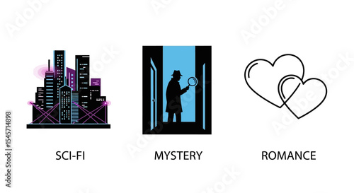 Modern Genre Icons Representing Sci-Fi, Mystery, and Romance Themes

