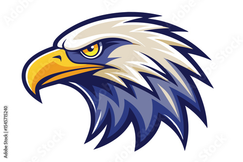 Illustrated bald eagle head shows strength, with a sharp yellow eye on a white background