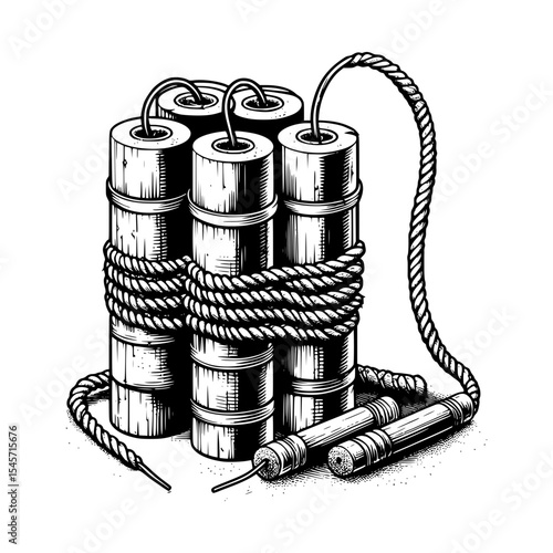 Vintage woodcut style dynamite sticks with fuse