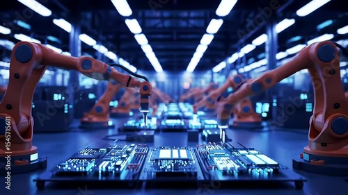 Wallpaper Mural Robotic arms work on luminous circuit boards in blue factory Torontodigital.ca