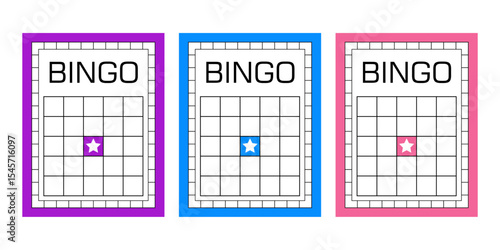 Collection of blank bingo cards for printing. Empty gambling sheets without numbers. Lotto and keno game ticket templates for casino events, party activities, and entertainment illustrations.
