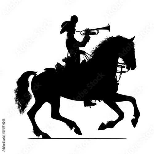 Silhouette of a horseman playing trumpet