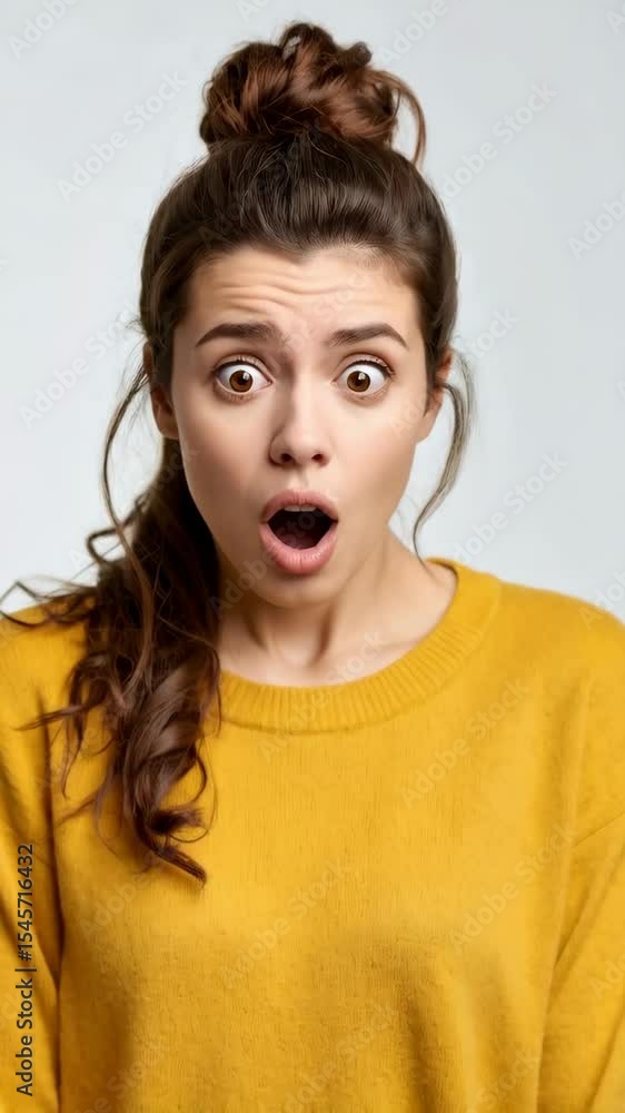 Young woman with wide eyes and open mouth expressing shock wearing a yellow top against a plain backdrop. Young woman with wide eyes and open mouth expressing shock wearing a yellow top against a plain backdrop.