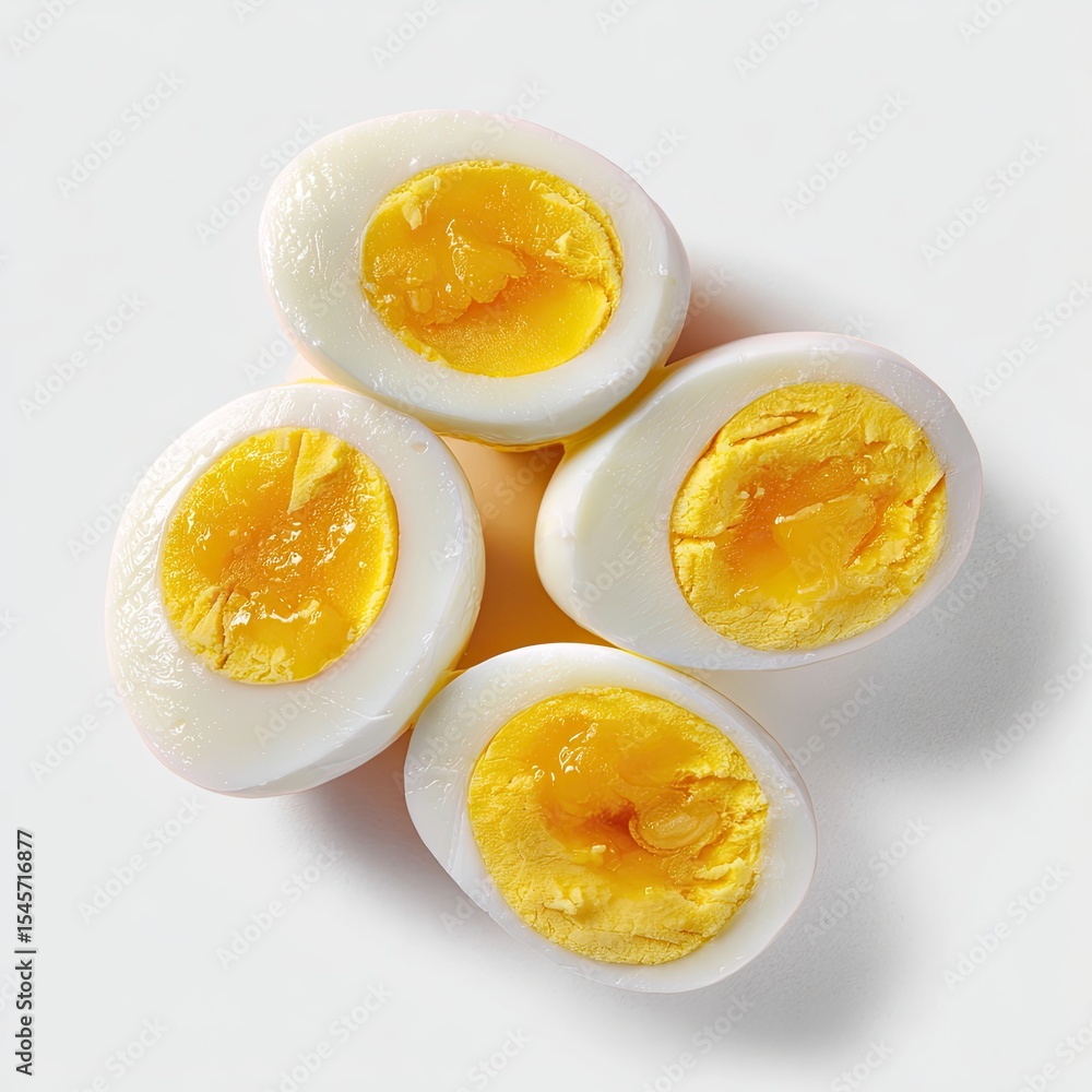 Four halved hard-boiled eggs, yolks vibrant yellow, whites firm, arranged on a white background Four halved hard-boiled eggs, yolks vibrant yellow, whites firm, arranged on a white background