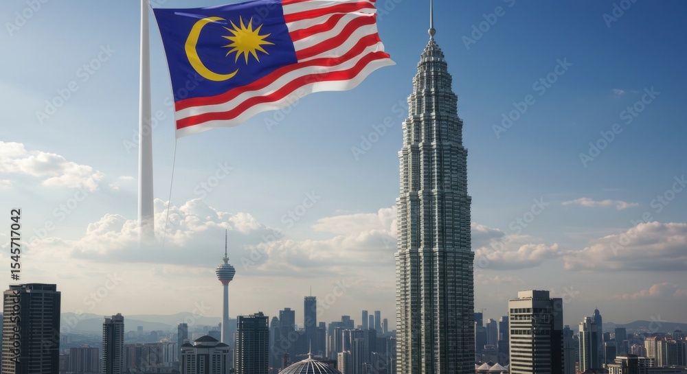 Fototapeta premium Majestic Malaysian Skyline: Petronas Towers and National Flag Under a Clear Sky