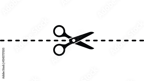 Scissors cutting along a dashed line on white background symbolizing a coupon cutout, craft tool, or printable design element