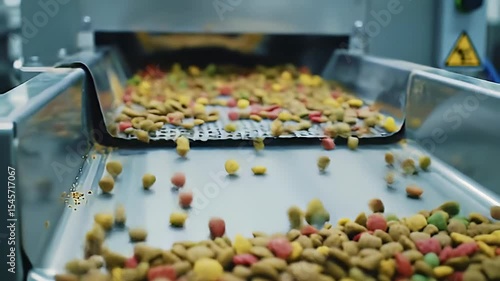 Conveyor belt full of colorful dog food kibble in a factory setting