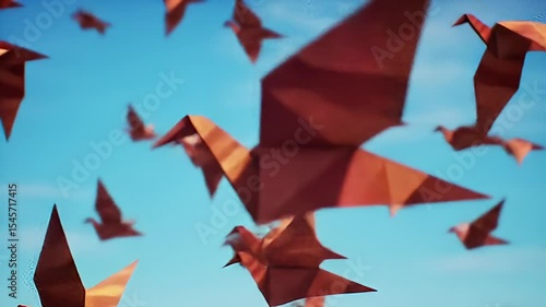 A flock of paper cranes fly across a bright blue sky, some blurred