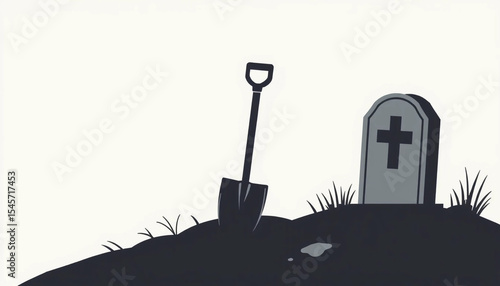 Minimalist grave illustration with shovel and tombstone symbolizing death, reflection, and end of life.
